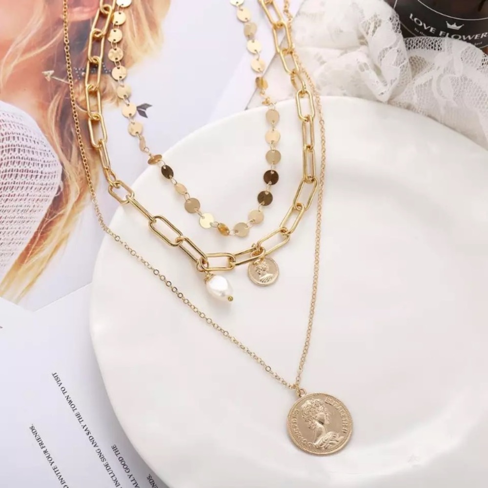 Fashion Three Layer Gold Tone Necklace Statement - Picture 2 of 4